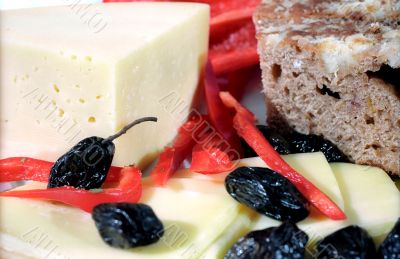 Cheese, olives, farm bread and  paprica