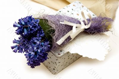 blue flowers, box and greeting card