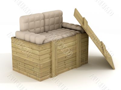 Leather sofa in an open box. 3D image.