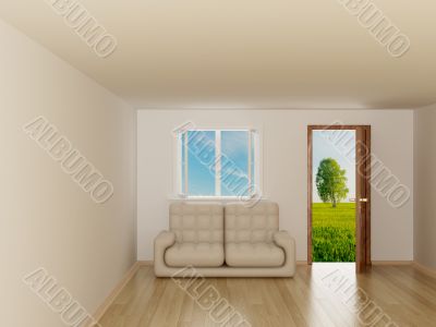 Landscape behind the open door and window. 3D image