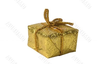 present wrapped in gold paper on a white background