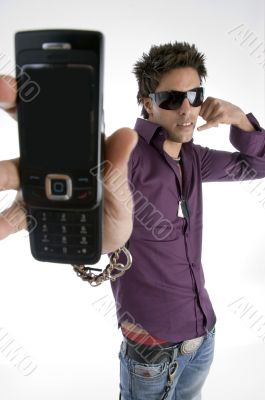 white man showing cell phone