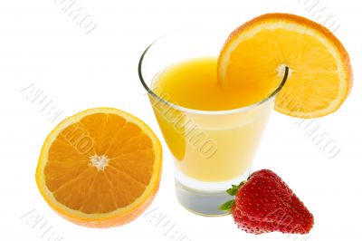 Orange juice with fresh oranges and strawberry