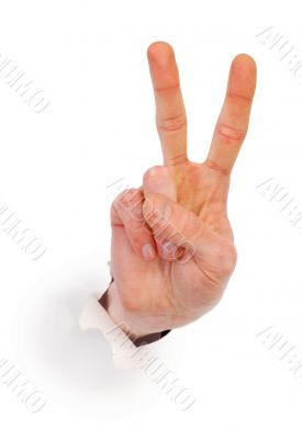 Gesture male hand through white paper