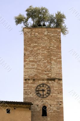 Ancient tower with bells and plants