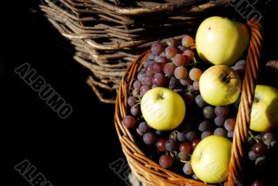 Basket with grapes and apples