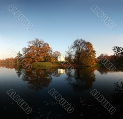 lake with temple on an island