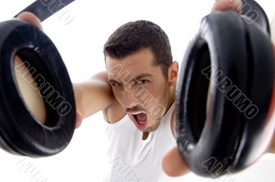 close view of man`s headphone