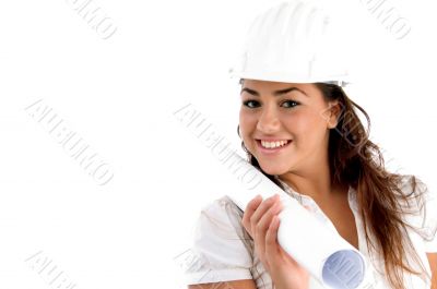 young architect holding blue prints