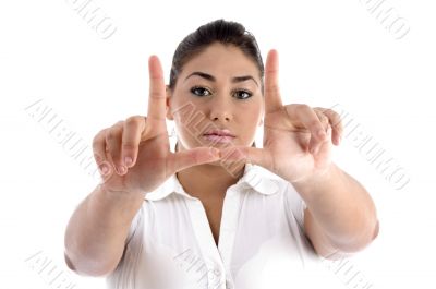 female showing directing gesture
