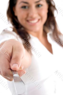 happy woman posing with knife