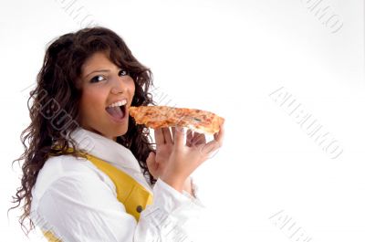 woman going to eat pizza