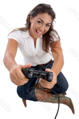 young cute girl playing video game