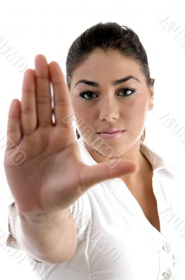 young woman gesturing to stop