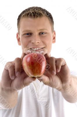 healthy man showing red fresh an apple