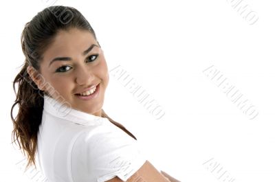 smiling model looking you