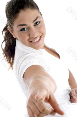 smiling model pointing