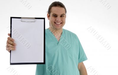 male doctor showing his notepad