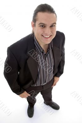 smiling man looking upward