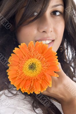 close up of beautiful model with orange gerbera