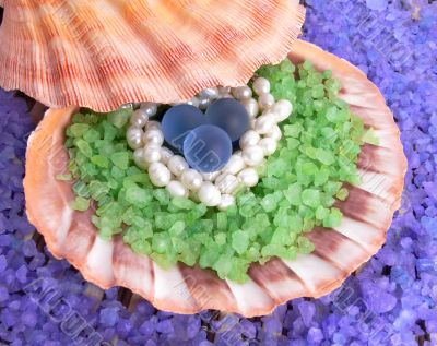 Natural and artificial pearls in a sea shell