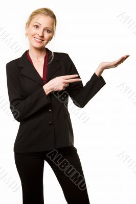 Woman pointing and holding