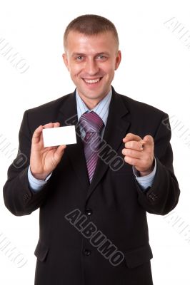 businessman holding a blank business card