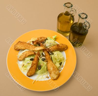 Salad with turkey stripes