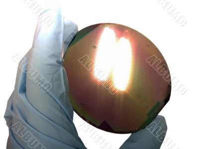 Silicon wafer in a hand in bright light