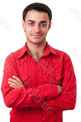smiling man in a red shirt