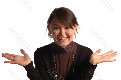 smiling east-type woman in black brown clothers