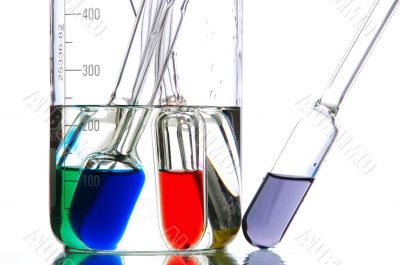 retorts with coloured liquids