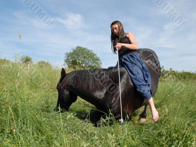 horse laid down, dogs, and teen