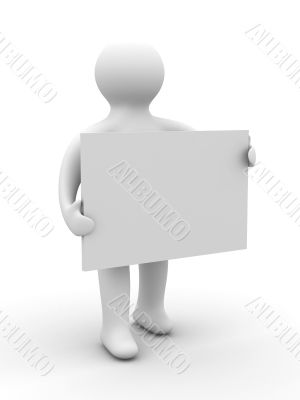 man holds the poster in a hand. 3D image