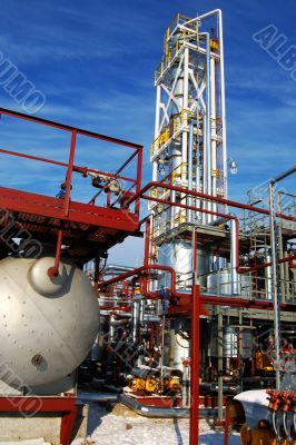 Industrial zone, Steel pipe-lines on blue sky