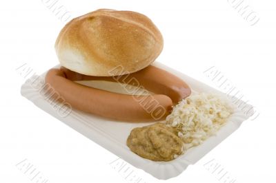 Sausage with mustard, horseradish and pastries