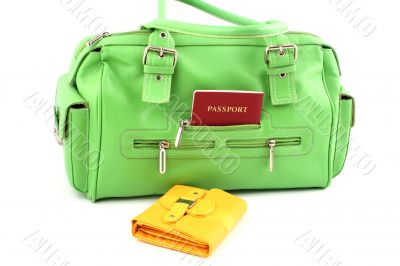 green bag and yellow wallet