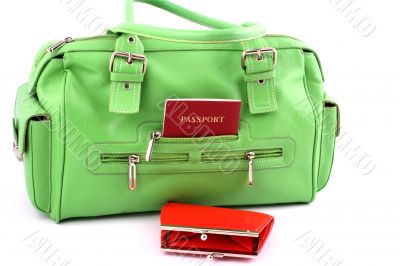 green bag and red wallet
