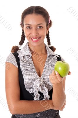 smiling girl with green apple