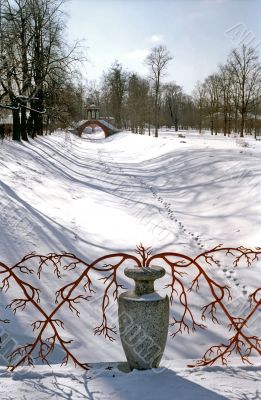 Vase with red branches on snow background