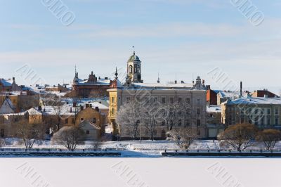 Winter Vyborg. Snow on the roofs