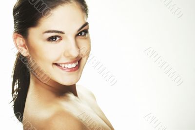 happy young woman on white background