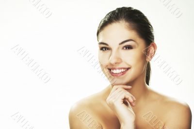 happy young woman on white background