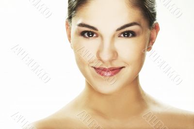 happy young woman on white background