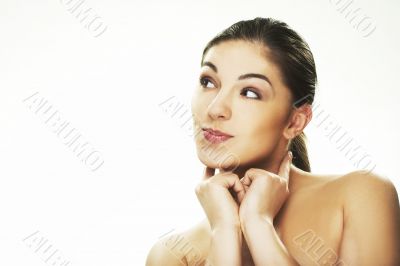 happy young woman on white background