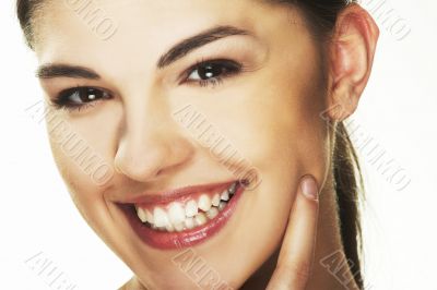 happy young woman on white background