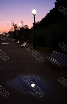 Lamps and benches at evening