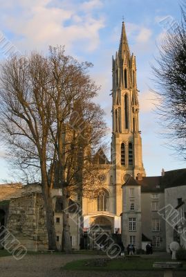 Senlis cathedral tower on sunset