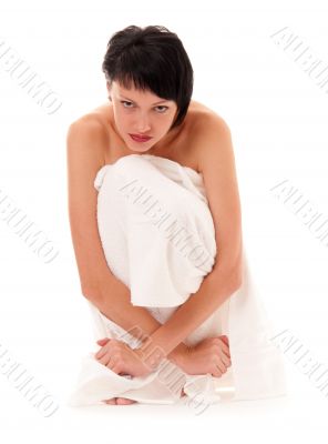 woman wrapped in fluffy towel