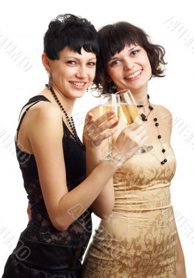 Two smiling gils with wine